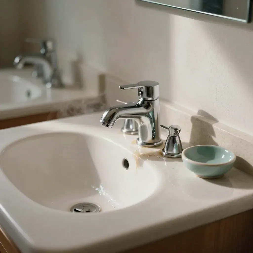 Bathroom vanity sink with new chrome P-trap, shutoff valve and soap dish in soft daylight