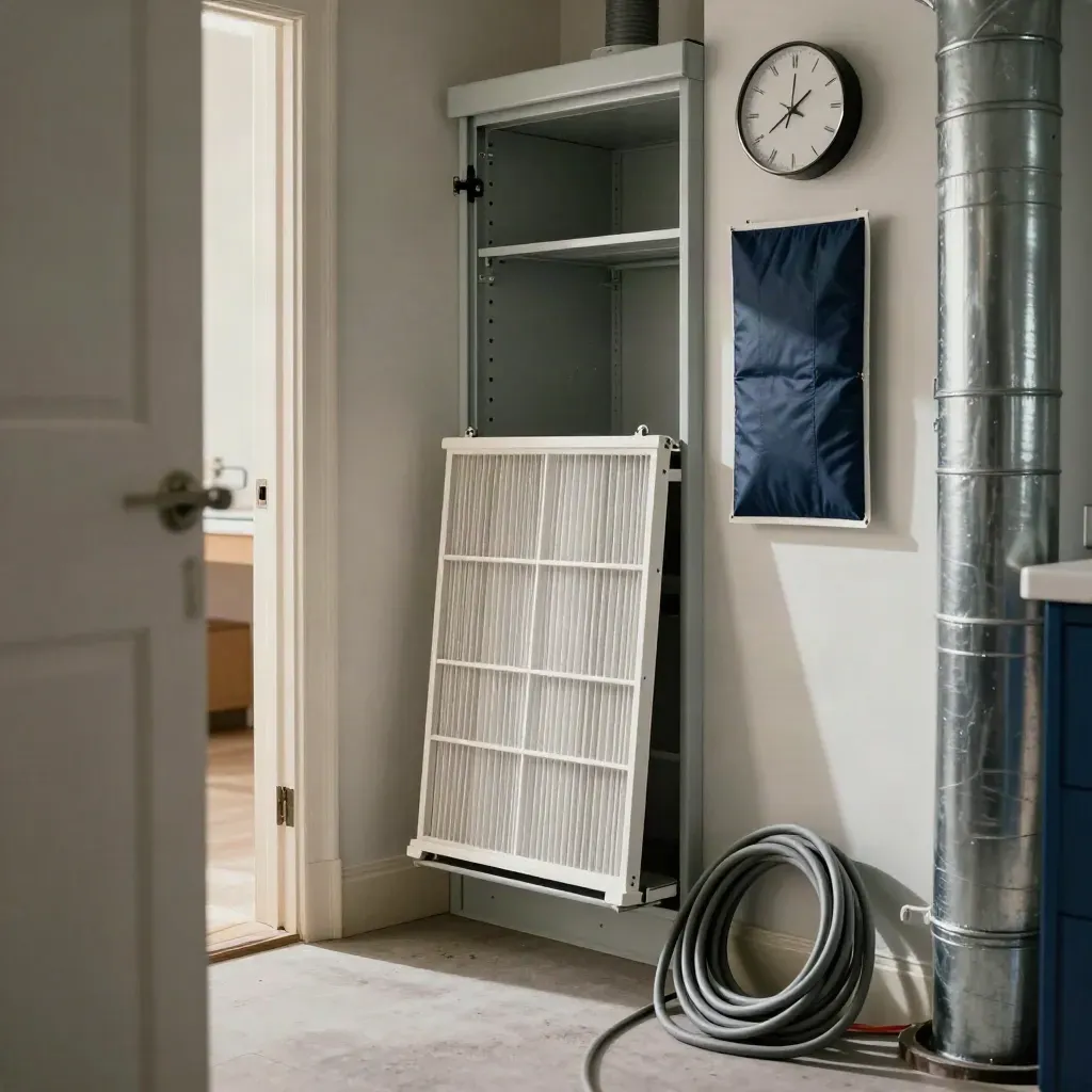 Open furnace closet with fresh filter, wall clock, filter packs and coiled cord in soft morning light.
