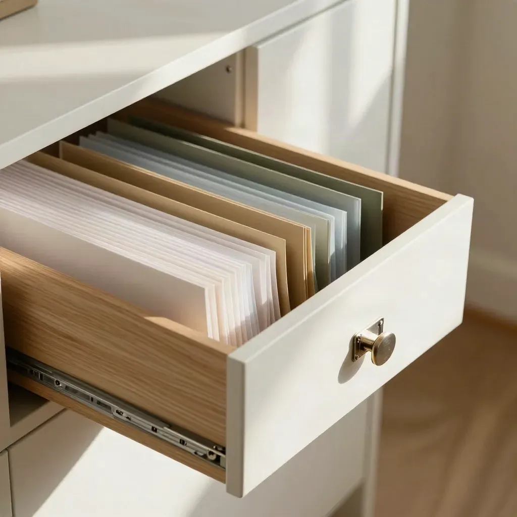 Open archive drawer in pale wood cabinet with folders and dividers in warm daylight.