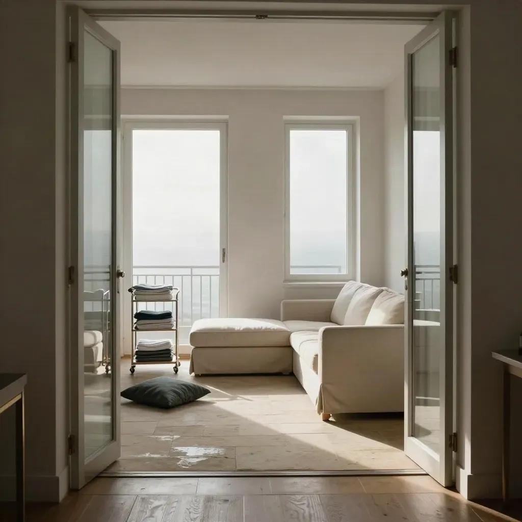Empty rental suite ready for handoff, folded bedding, cart and linens by a misty balcony door.