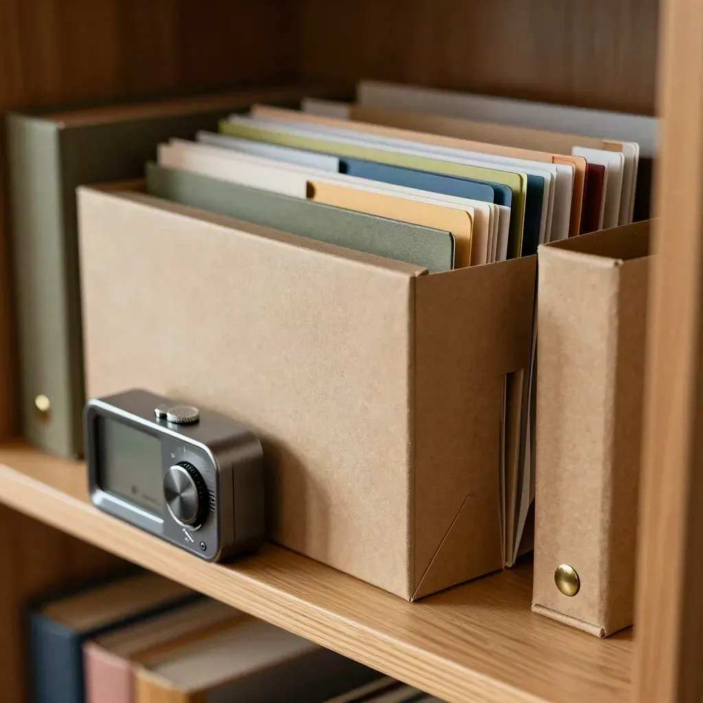 Archival boxes, binder clips, timer and tab dividers arranged on a maple shelf.