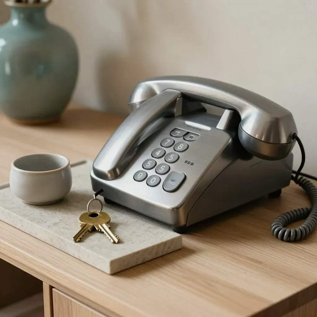 Brushed desk phone, brass keys, and a ceramic catchall on stone with soft side light.