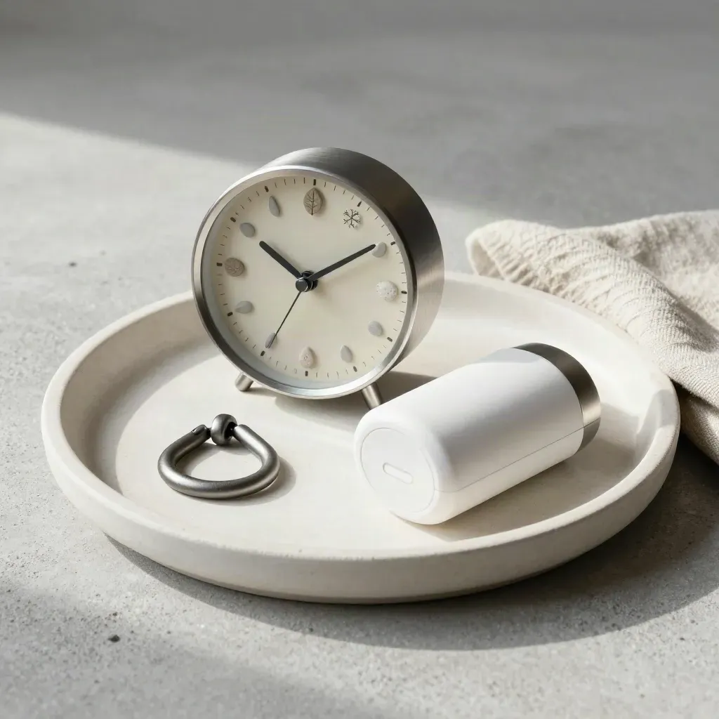 Tray still life of a clock, seasonal markers, key hook and alarm device on plaster and concrete.