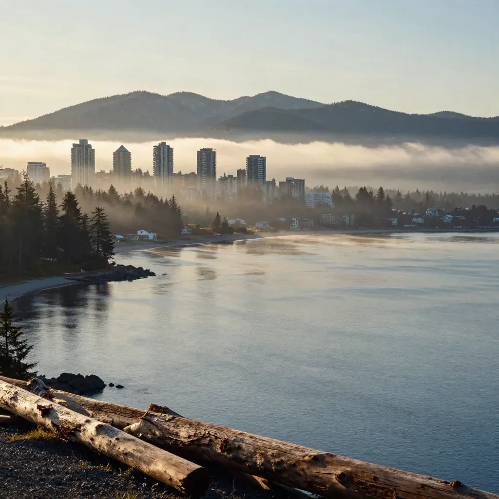 Misty Metro Vancouver skyline and North Shore mountains above a quiet cedar shoreline