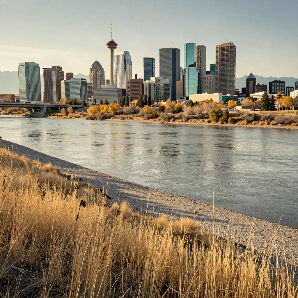 Calgary skyline over prairie grasses with distant Rockies in warm golden haze.