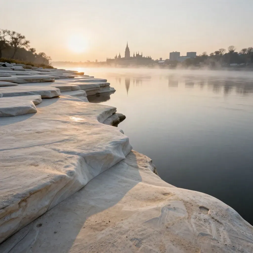 Pale limestone shoreline and river mist with Parliament silhouette at sunset.